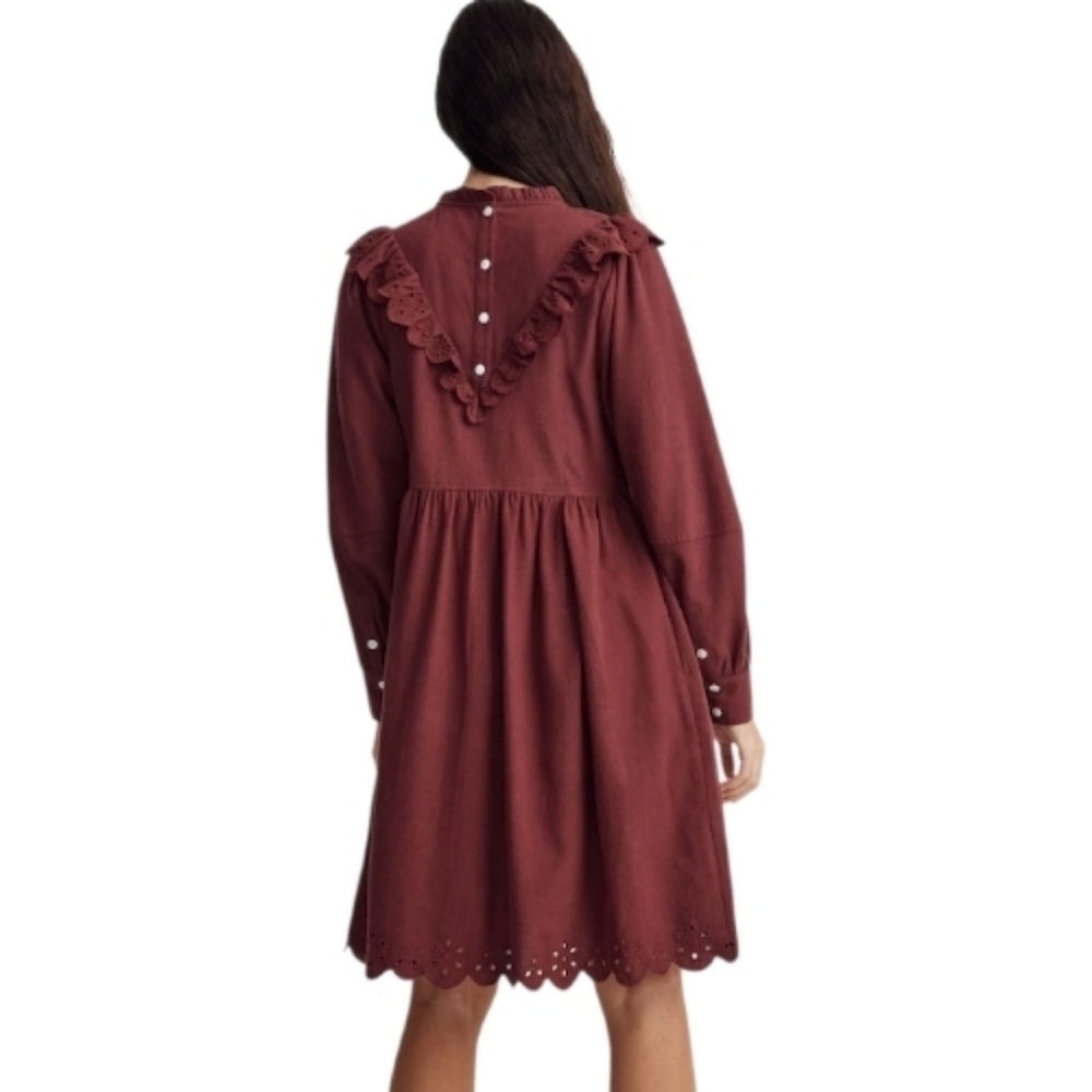 Madewell Embroidered Ruffled Flannel Mini Dress In Vintage Mulberry. Cottagecore - Picture 4 of 14